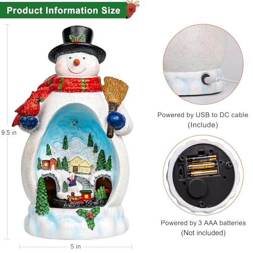ZQQLITE Snowman Christmas Village Figurines with Rotating Train & Music - Lighted Holiday Decor