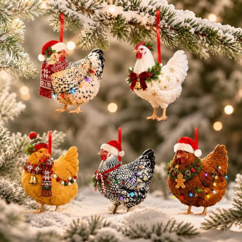 Funny Chicken Christmas Ornaments - Farmhouse Holiday Tree Decorations (Set of 5)