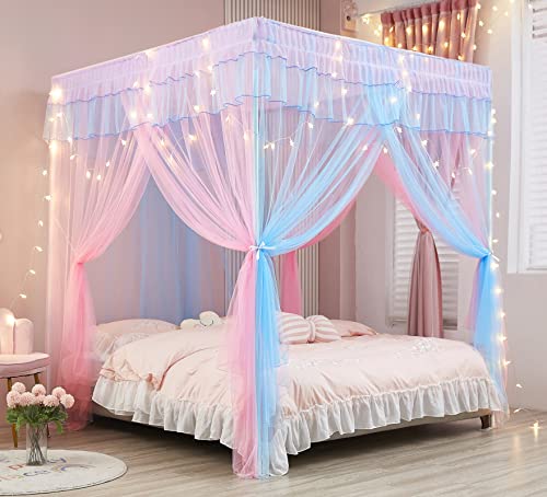 Rainbow Canopy Bed Curtains with Lights - Princess Bed Netting, Full Size