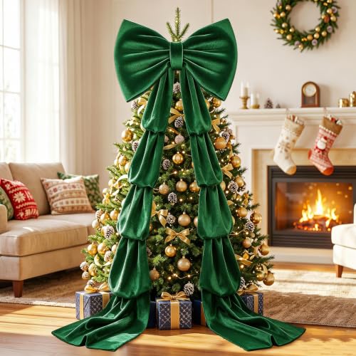 MODFUNS 75x23 Inch Dark Green Velvet Bow Christmas Tree Topper with Ribbon - Oversized Holiday Decoration
