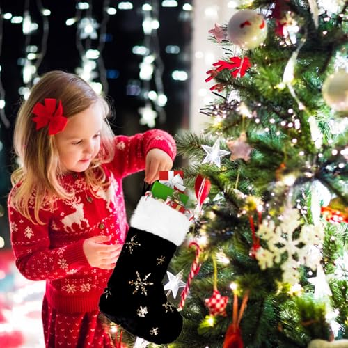 CCINEE 4 Pack 18-Inch Black Christmas Stockings with Gold Snowflake Sequin - Faux Fur Xmas Stockings