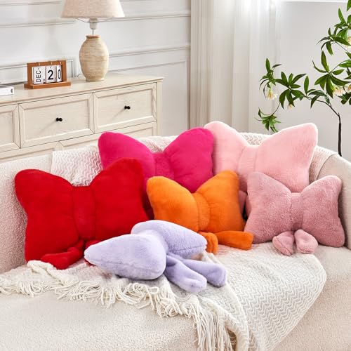 Pink Bow Throw Pillow, Soft Faux Rabbit Fur Decorative Bow Shaped Cushion