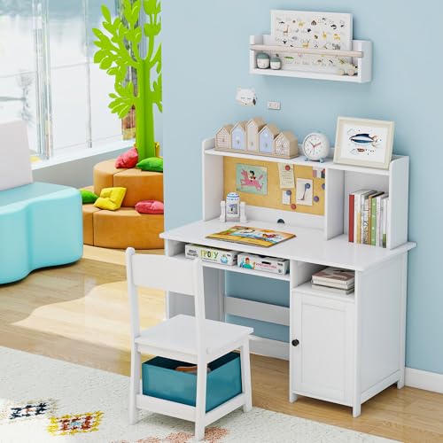 Kids Desk and Chair Set with Storage, Cork Board & Drawer - White Wooden
