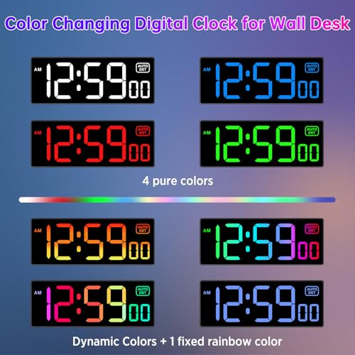 Large LED Digital Wall Clock - 10" 8 RGB Color Display with Auto DST & Dimmer
