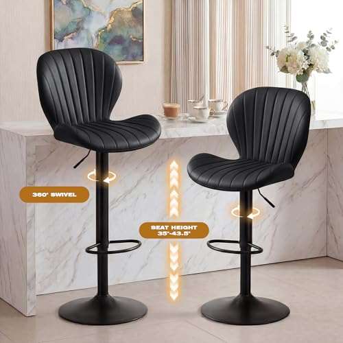 Adjustable Swivel Bar Stools, Faux Leather Counter Height Chairs, Set of 2