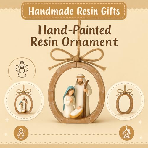 Holy Family Nativity Scene Hanging Ornament - Hand-Painted Resin, Rustic Faux-Wood Ring, Christmas Decor, Religious Gift, Variation: Nativity Scene