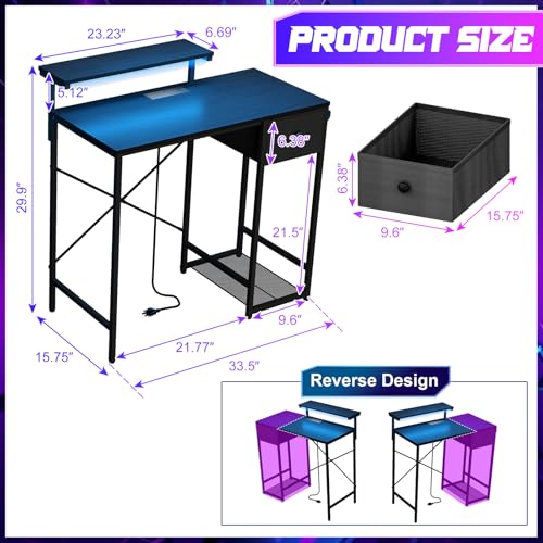 33.5" Compact Gaming Desk with LED Lights, Power Outlets, and Storage Drawer