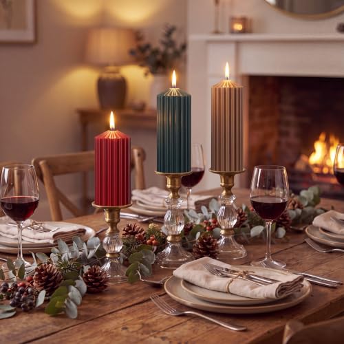 Mtlee 3-Pack Christmas Ribbed Pillar Candles - Burgundy, Forest Green, Brown (Christmas Vintage)