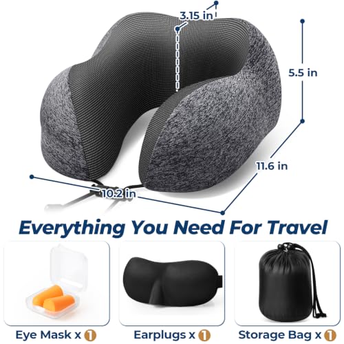 ExploreBliss Memory Foam Travel Neck Pillow Set with Eye Mask & Earplugs - Grey