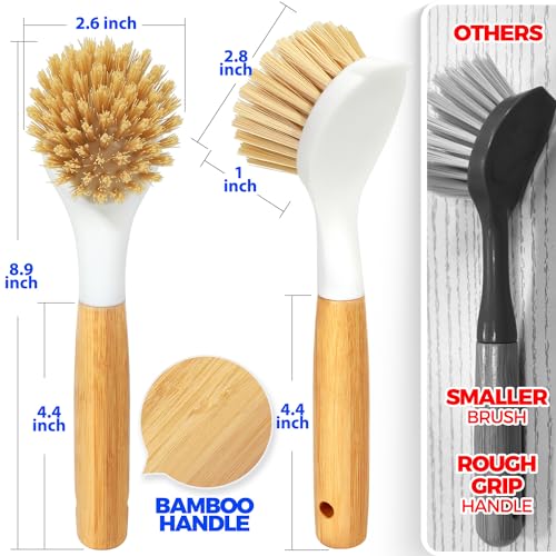 3-Pack Bamboo Handle Kitchen Dish Brushes for Pots, Pans & Veggies