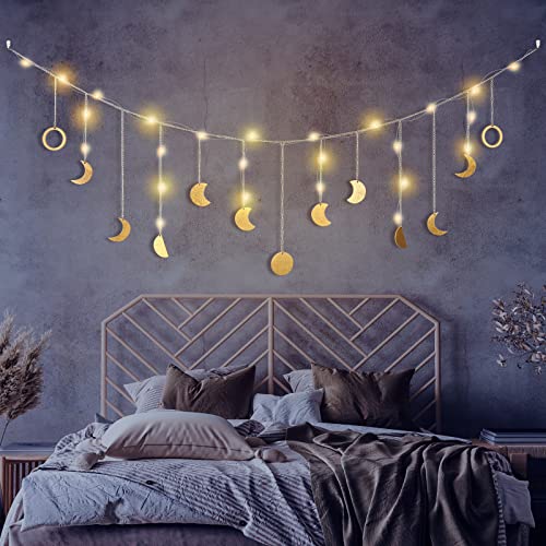 56-Inch Boho Moon Phase Wall Hanging Garland with LED String Lights