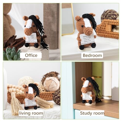 Handmade Crochet Horse Gift with Encouragement Card, Positive Knitted Toy