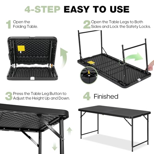 4ft Adjustable Folding Table, Portable HDPE Utility Table for Indoor Outdoor