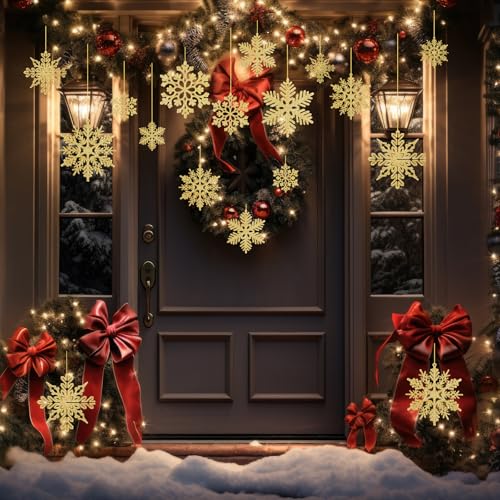 BOUBONI 48 Pcs Snowflake Christmas Ornaments – Gold, 4 Styles, 2/3/4in, Hanging Ribbon