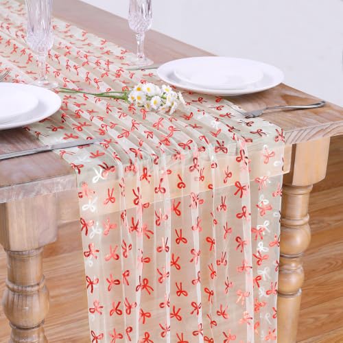 Beige Red Bow Tulle Table Runner 29x120 Inch Elegant Wedding Decor