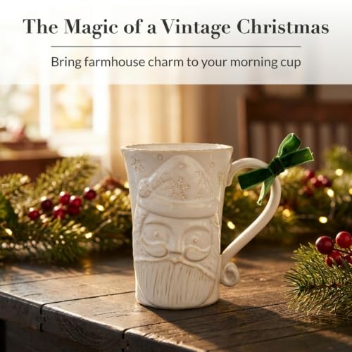 Mud Pie Santa Christmas Mug 12 oz Embossed Stoneware with Green Velvet Bow