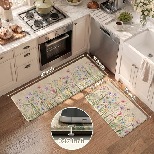 Anti-Fatigue Kitchen Mat Set, Cushioned Floral Floor Rugs 2-Piece