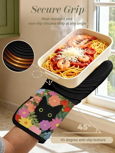 Long Heat-Resistant Silicone Oven Mitts - 2-Piece Quilted Cotton Baking Gloves