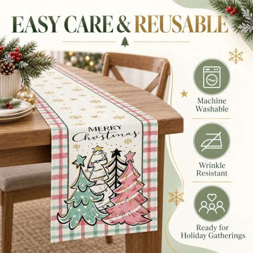 Christmas Table Runner 13x72 Inch Buffalo Plaid Snowflake Xmas Trees Decor