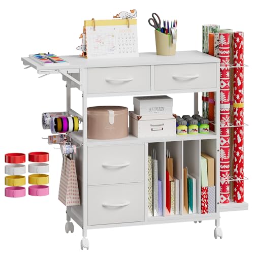 Rolling Wrapping Paper Storage Cart with Foldable Table and Drawers