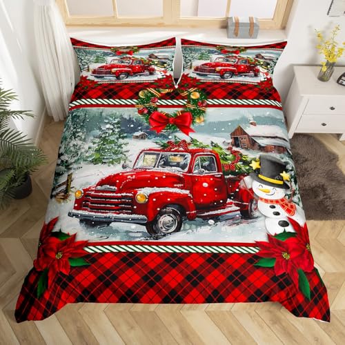 Homewish Christmas Truck Full Duvet Cover Set 3pcs Red Plaid with 2 Pillowcases (No Comforter) - Kids Bedding