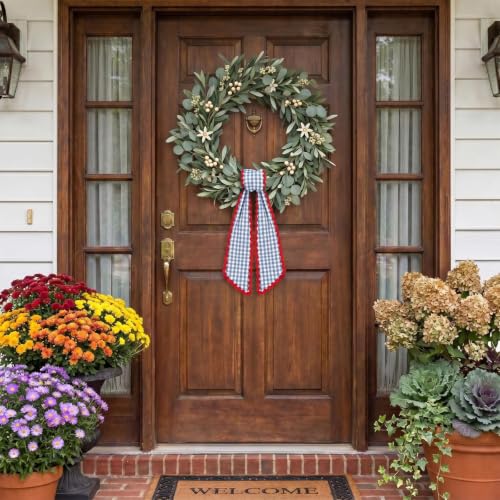 Blue White Buffalo Plaid Wreath Sash Satin Door Garland Ribbon