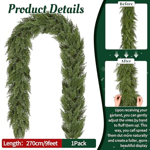 Palonu 1 Pcs 9ft Artificial Cedar Garland for Christmas Decor, Realistic Faux Greenery