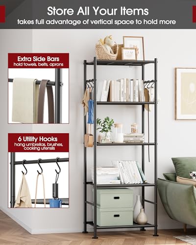 5-Tier Heavy-Duty Storage Shelf Organizer with Hooks and Leveling Feet