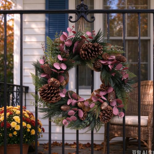 TEMPUS 20in Winter Wreath Magnolia & Red Eucalyptus with Pine Cones — Front Door Decor