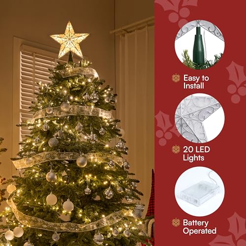 Joiedomi Silver 9 Inch Christmas Tree Topper with Warm White Lights - Holiday Decor