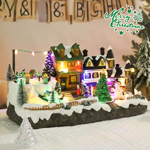 Christmas Village Houses with Skaters Skiers Light Up Musical Rotating Tree USB Decor - Variation of Village & Skaters Skiers