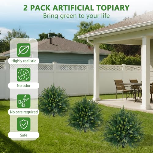 2PCS 23-Inch Artificial Cedar Topiary Ball Shrubs with Ground Stakes