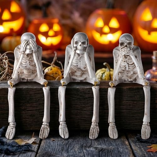 3-Piece See No Evil Halloween Skeleton Statues - Resin Skull Figurines