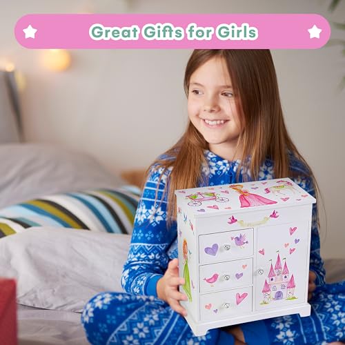 Musical Jewelry Box for Girls with Spinning Princess and 3 Drawers
