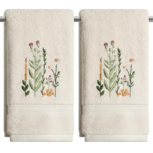 Beige Wildflower Embroidered Hand Towels, 100% Cotton Farmhouse Set of 2