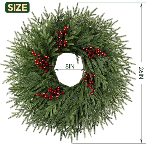 26IN Norfolk Pine Christmas Wreath with Red Berries for Front Door Decor