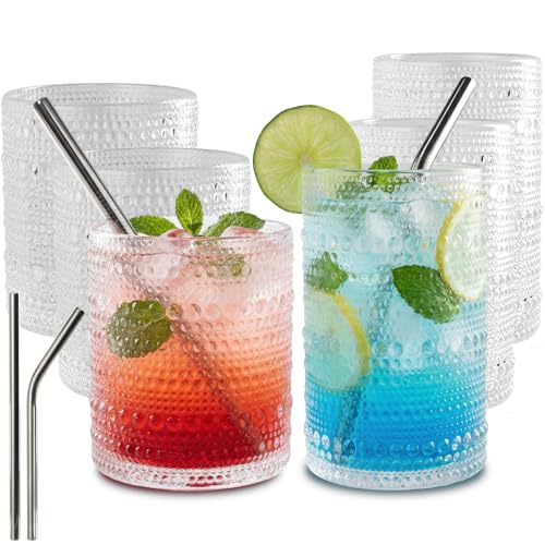 12-Piece Vintage Hobnail Drinking Glass Set with Stainless Steel Straws