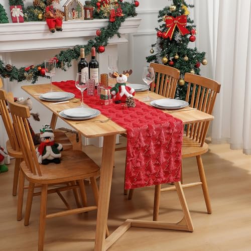 ELOEGO 13x108 Inch Christmas Table Runner - Red Xmas Trees Plush Decor for Indoor/Outdoor Holiday Dining