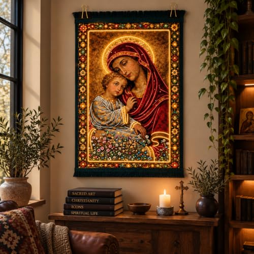 PACORIA 12x16 Mary and Jesus Wall Tapestry Rug – Premium 1 cm Thick Orthodox Christian Art