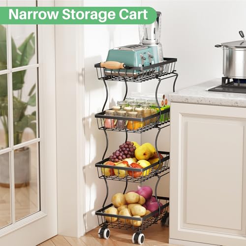 4-Tier Stackable Fruit Basket Stand, Rolling Wire Storage Cart for Kitchen