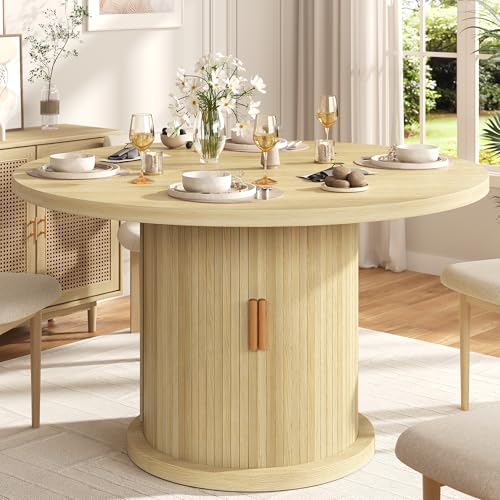 47-Inch Round Dining Table with Storage, Farmhouse Fluted Kitchen Table