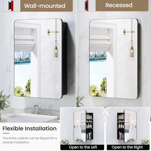 16x24 Black Medicine Cabinet with Mirror, Recessed or Surface Mount