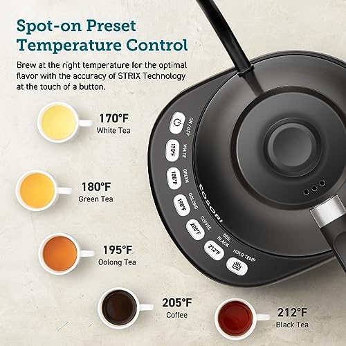 COSORI 5-Temp Gooseneck Kettle with Mug Warmer - Black, Digital Temperature Presets