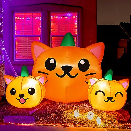 5ft Halloween Inflatable Pumpkin Cat Heads with Built-In LED Lights