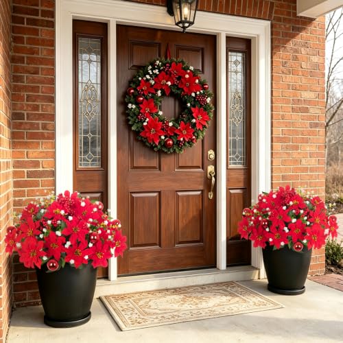 8 Pack 15.7in Red & White Poinsettia Artificial Christmas Flowers for Outdoors