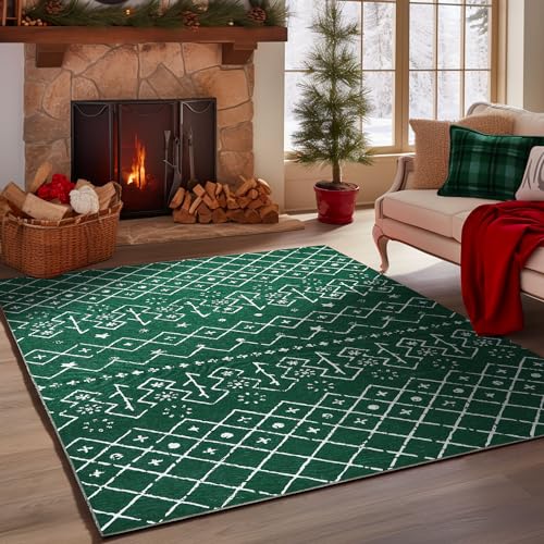 COLLACT 8' x 10' Green Xmas Tree Moroccan Holiday Rug - Washable Non-Slip Christmas Carpet for Living Room & Bedroom