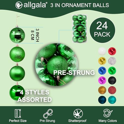 Allgala Green 20 Pack 3 Inch Christmas Ornament Balls Shatterproof Holiday Decor
