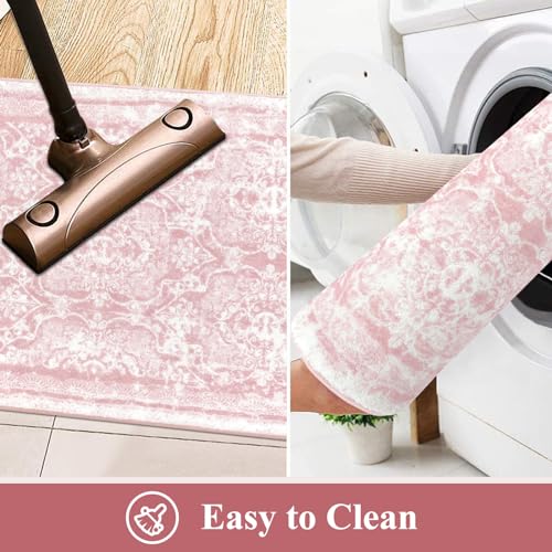 2x6 ft Pink Vintage Shaggy Runner Rug, Non-Slip Washable Boho Kitchen Mat