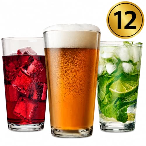 16 oz Drinking Glasses Set - 12-Piece Clear Glass Tumbler and Pint Cup Set