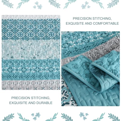Teal Boho Queen Quilt Set - 3-Piece Floral Striped Microfiber Bedspread
